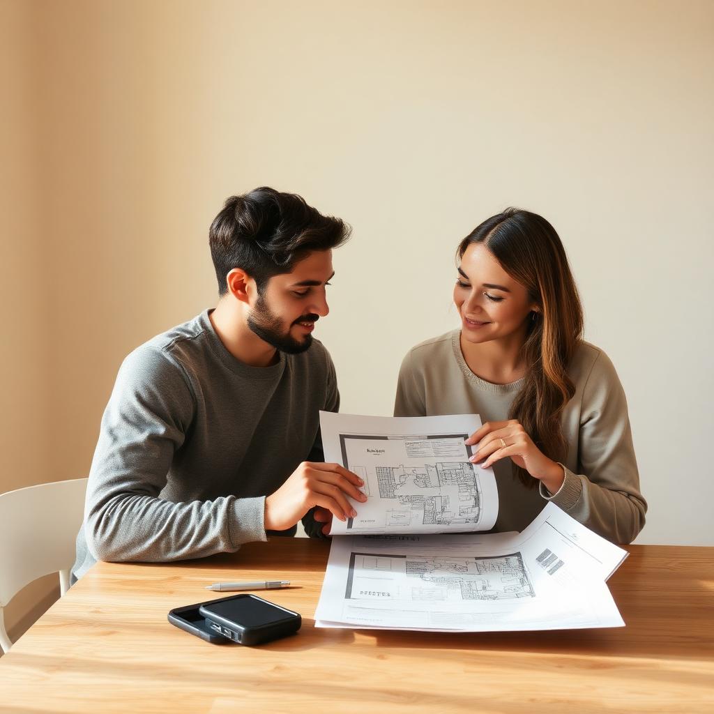 Casal analisando plantas de apartamento em uma mesa clara